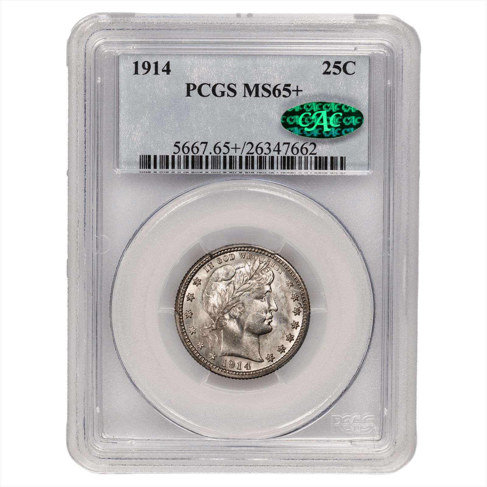 1914 Barber Quarter 25C PCGS MS 65+ CAC