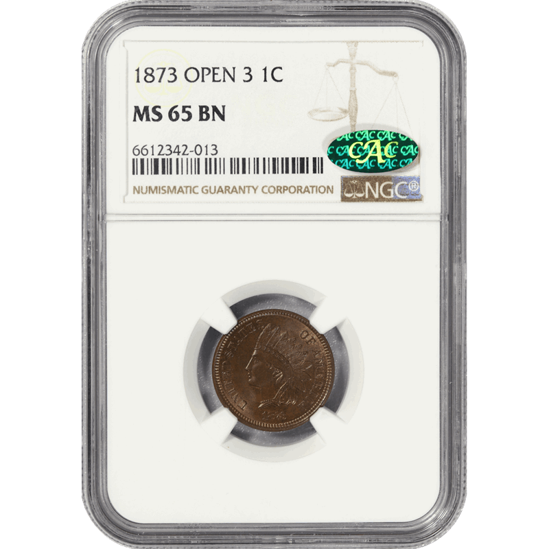 1873 1c Indian Head Cent OPEN 3 - NGC MS65BN CAC
