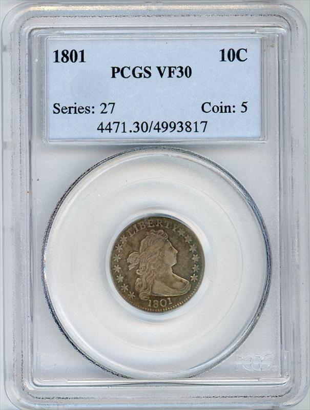1801 Draped Bust Dime Heraldic Eagle 10c, PCGS VF-30 - Better Date