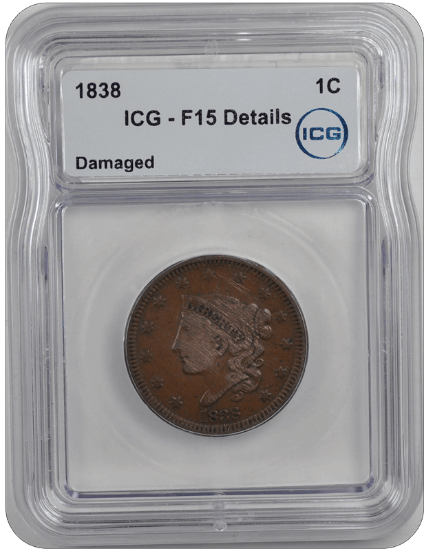 1839 Coronet Large Cent ICG F15