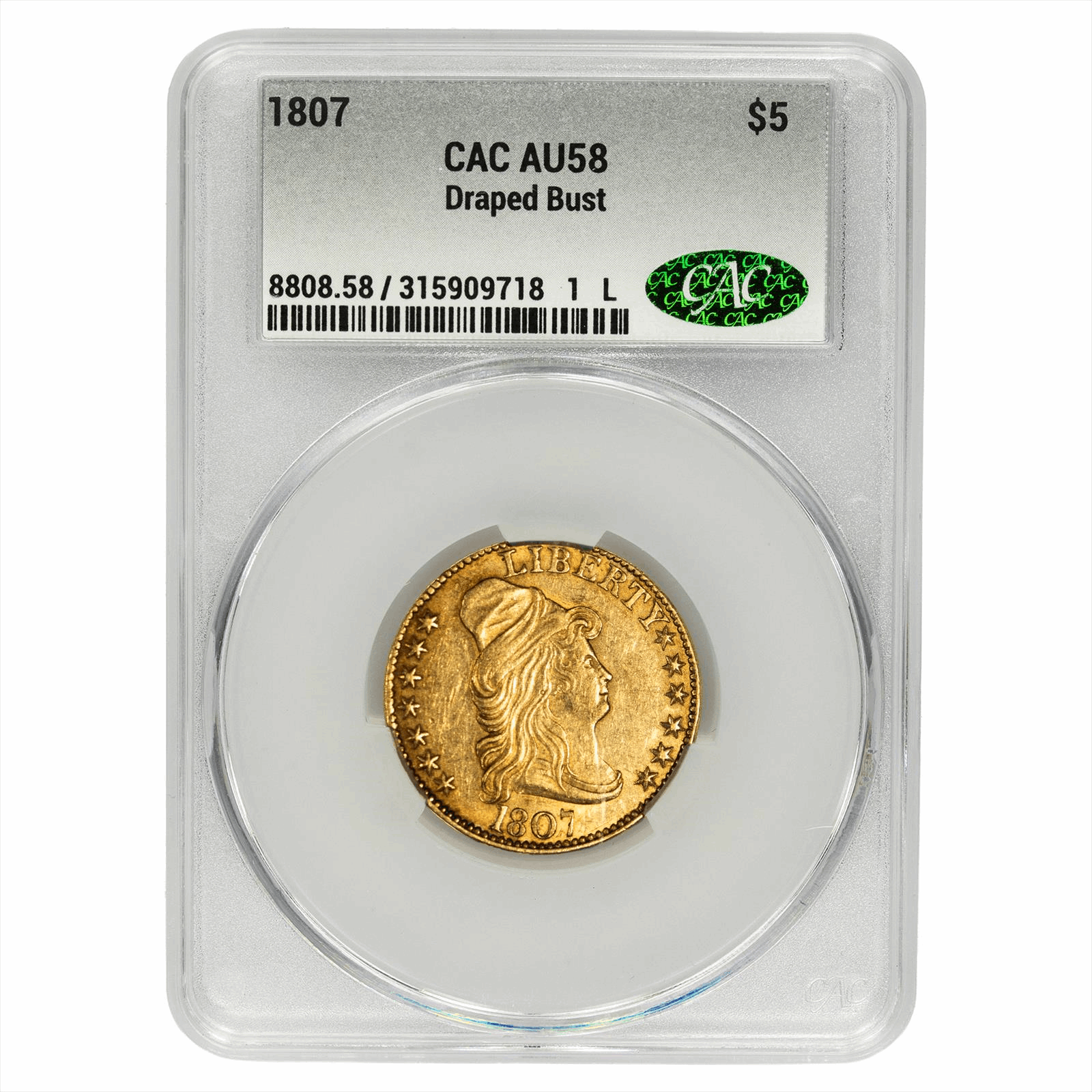 1807 Draped Bust Right Half Eagle $5, CACG AU58 CAC - BD-6, R.4+, Nice