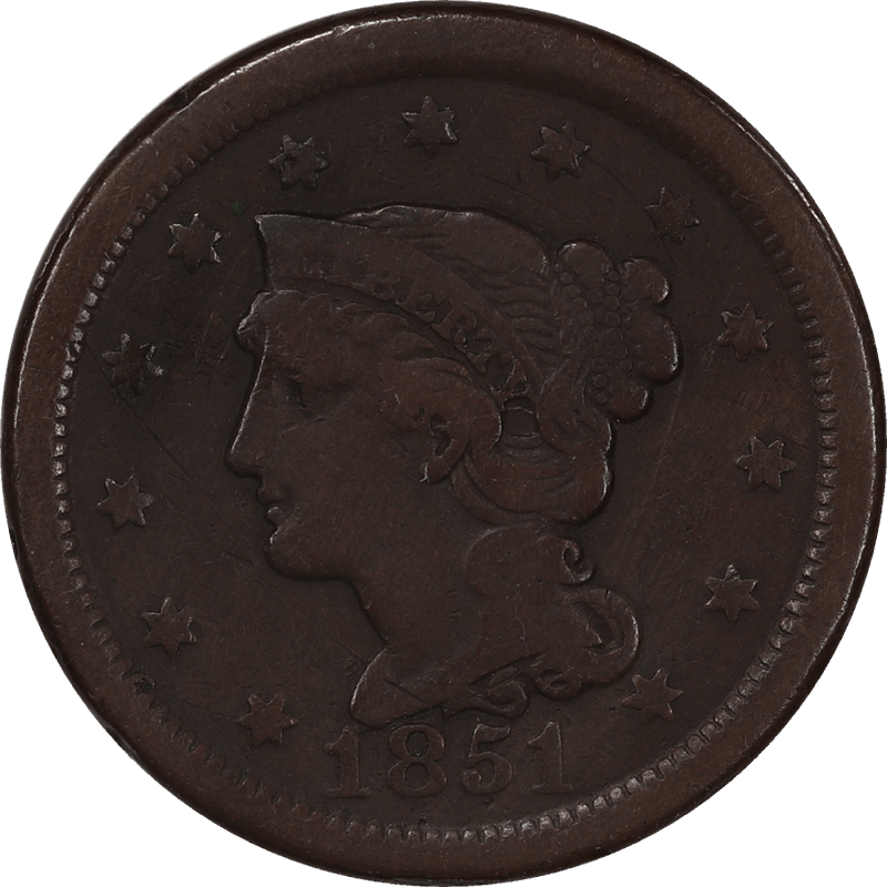 1851 Braided Hair Large Cent VF