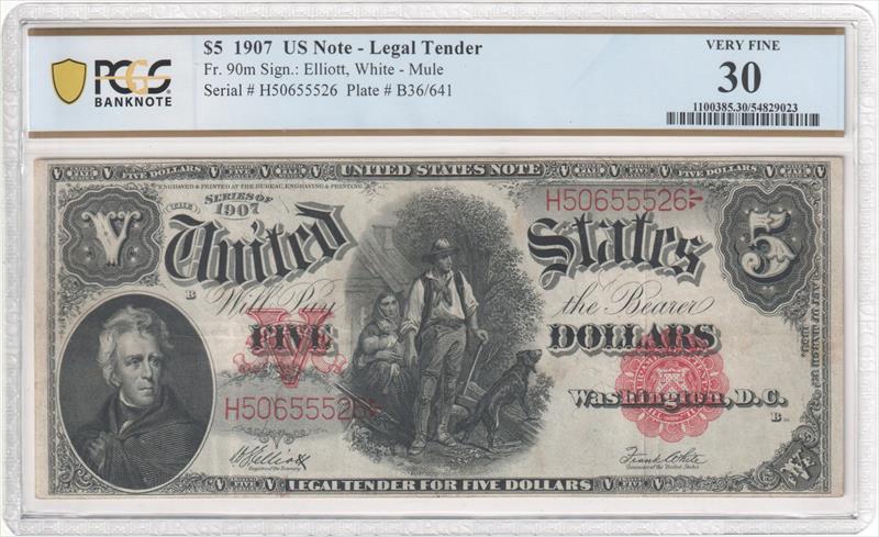 Fr. 90m 1907 $5 Legal Tender PCGS VF30