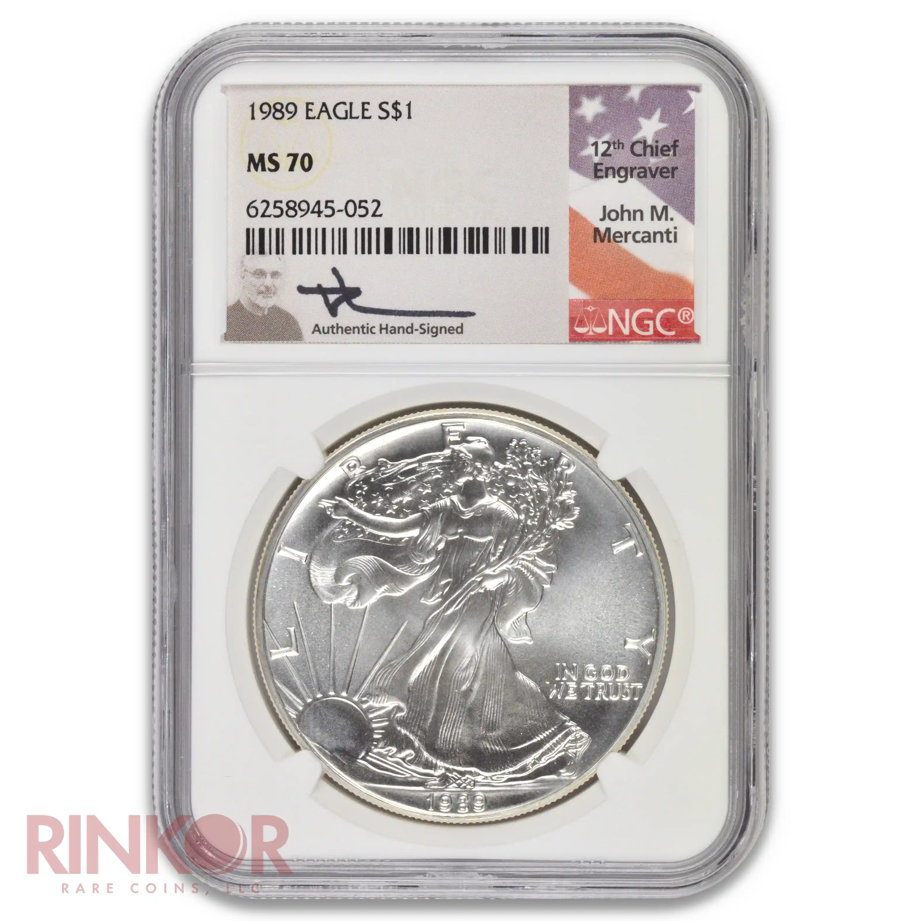 1989 1oz American Silver Eagle Mercanti Signature NGC MS 70