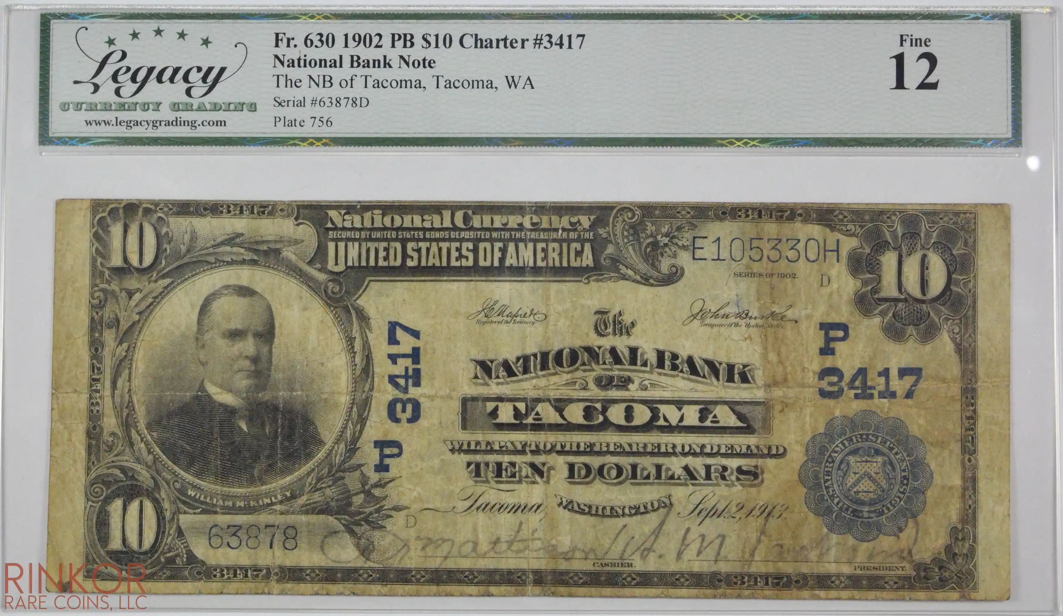 1902 Plain Back $10 Fr. 630 Charter #3417 National Bank Note LCG F-12