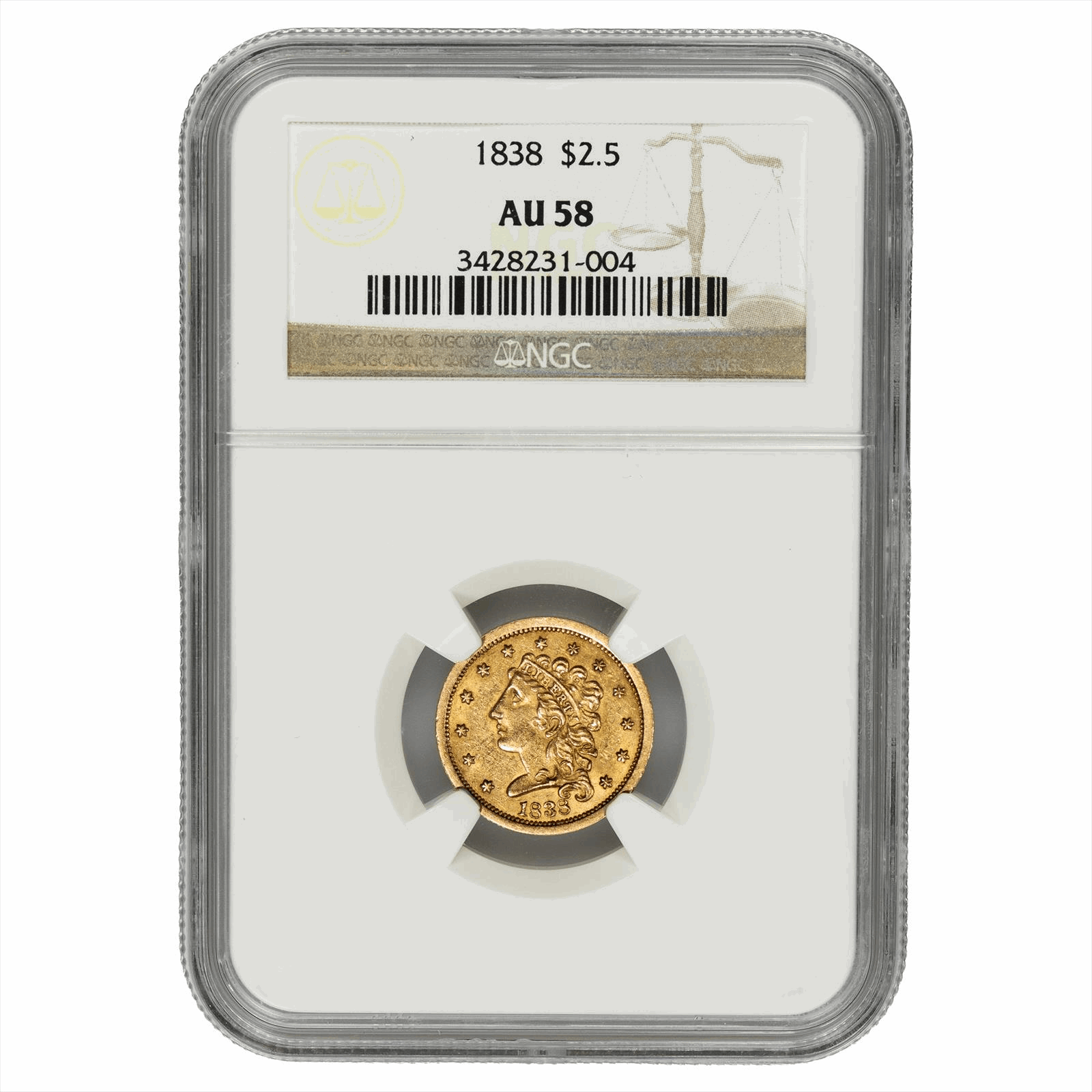 1838 Classic Head Quarter Eagle $2.5 NGC AU 58