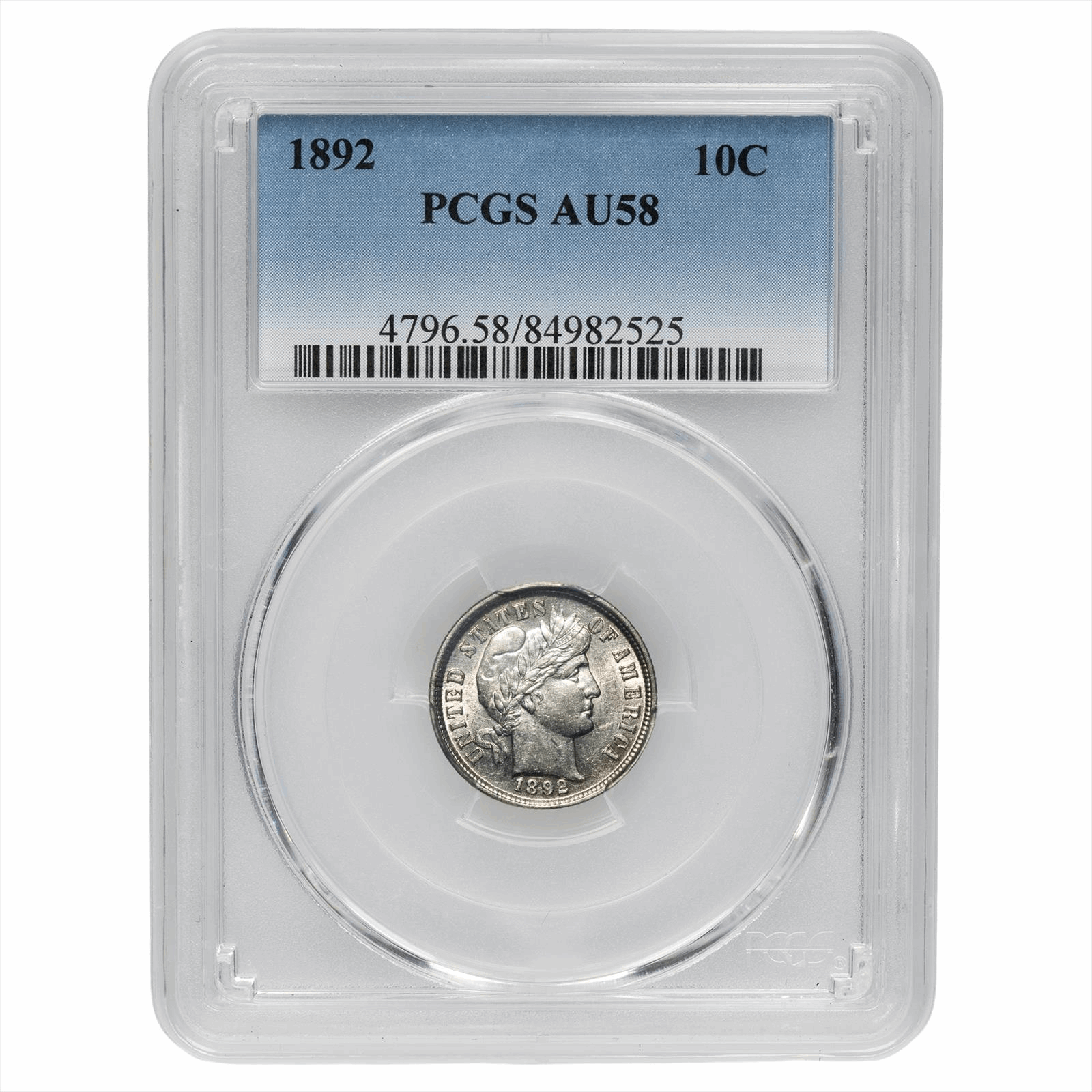 1892 Barber Dime 10C PCGS AU 58