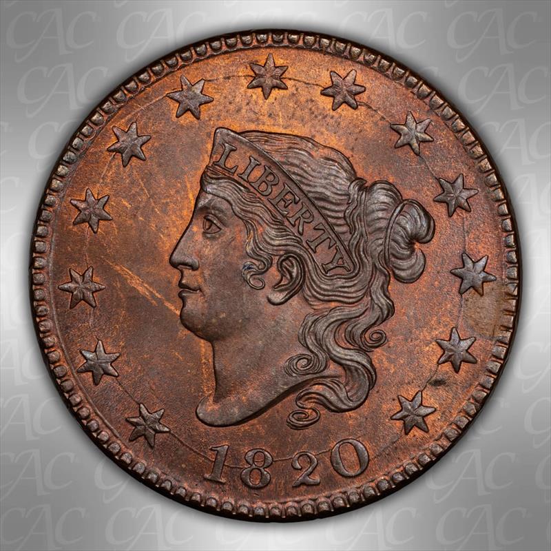 1820 Large Date 1c CACG MS 64 RB