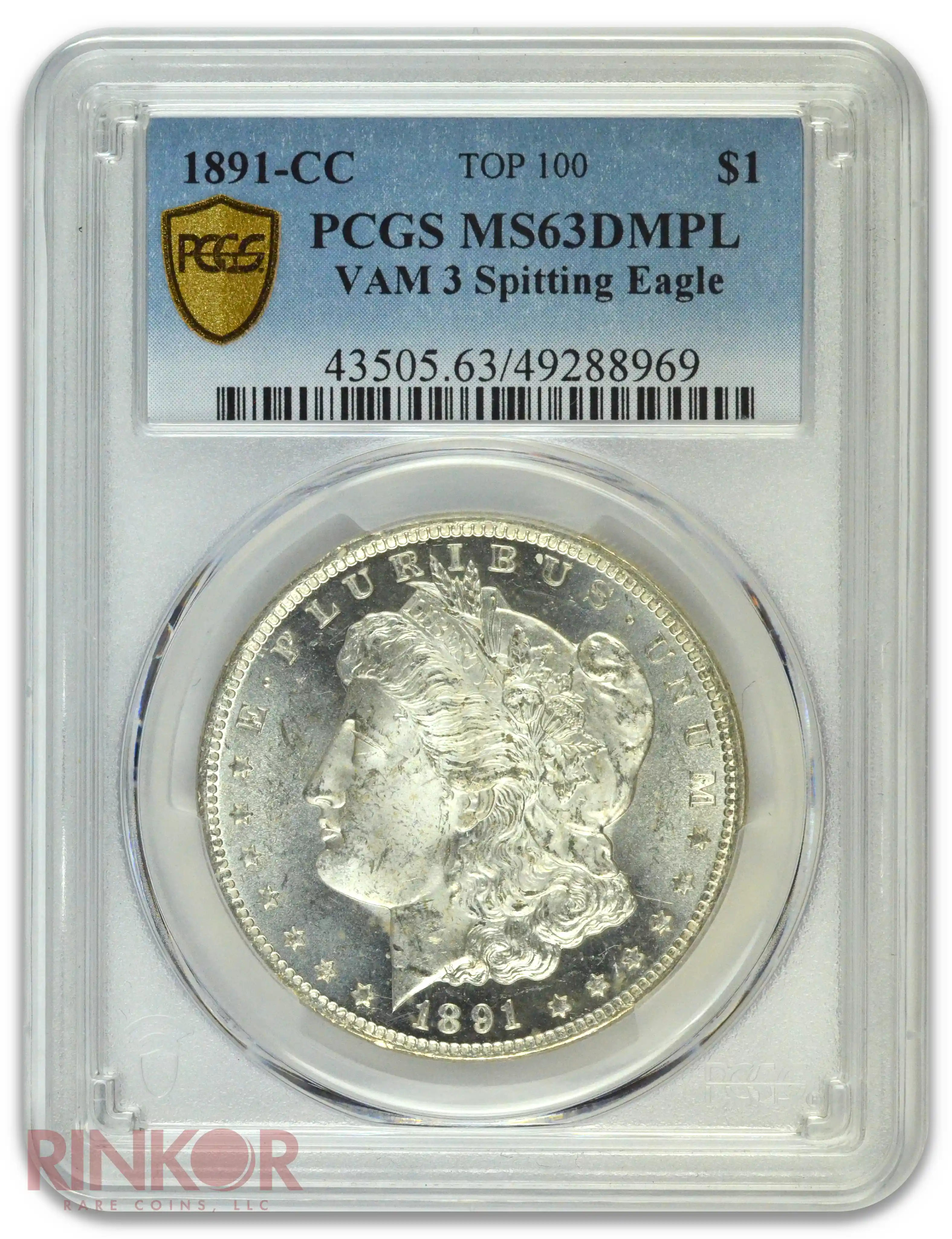 1891-CC $1 VAM 3 Spitting Eagle Morgan Dollar PCGS MS 63 DMPL