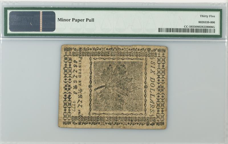 Fr#CC-59 Feb 26, 1777 $6 Continental Currency PMG VF35