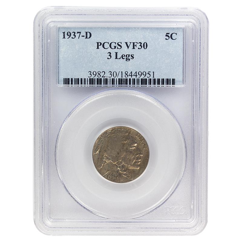 1937-D 3 Legged Buffalo Nickel, 5C PCGS VF 30 