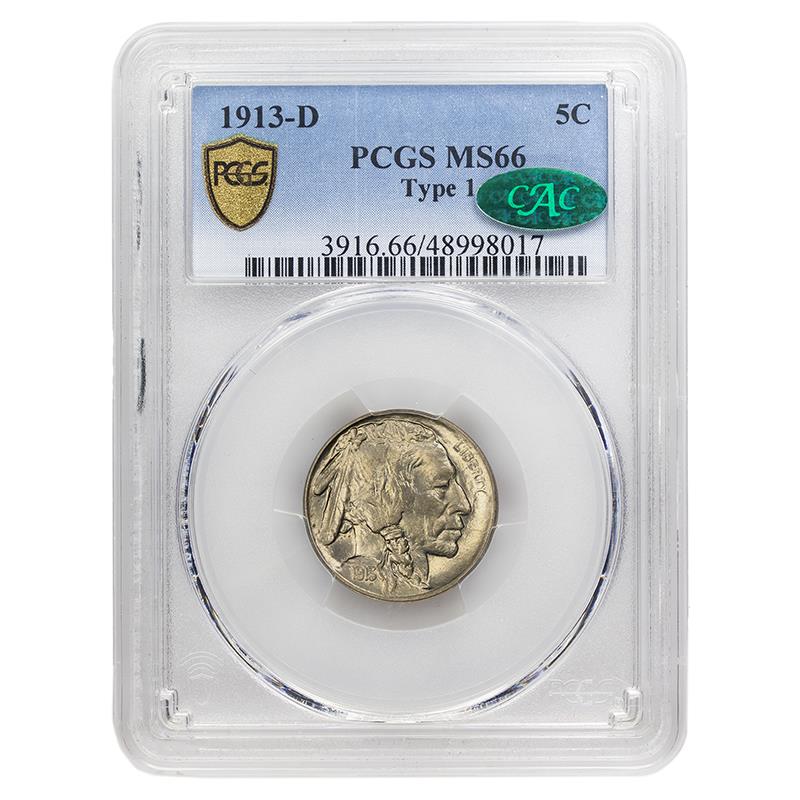 1913-D 5c Type 1 Buffalo Nickel PCGS MS66 CAC Approved - PQ