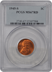 1945-S 1C Lincoln Cent - Type 1 Wheat Reverse PCGS RD #3449-11 MS67