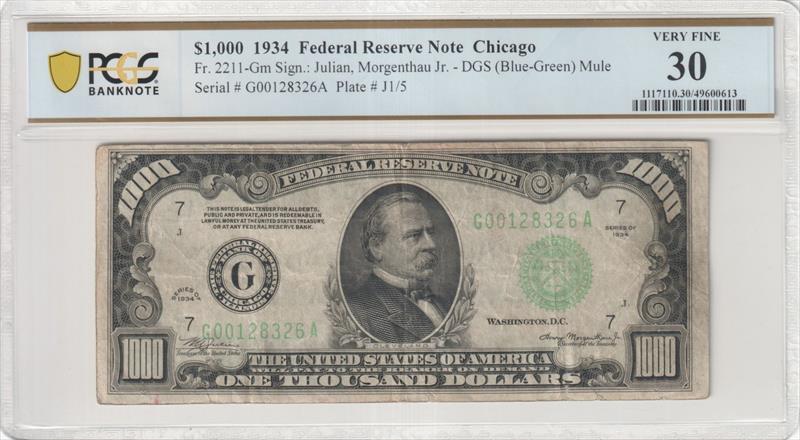 Fr. 2211-Gm 1934 $1,000 DGS (Blue-Green) Mule Federal Reserve Chicago PCGS VF30 