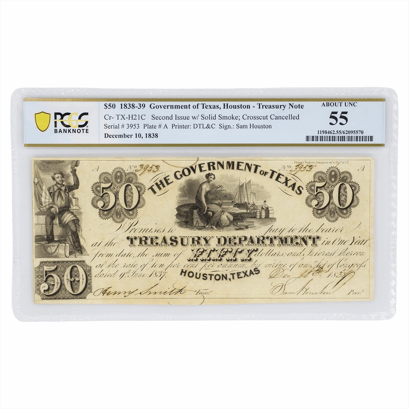 1838-39 $50 Government of Texas, Houston Treasury Note PCGS About Unc 55
