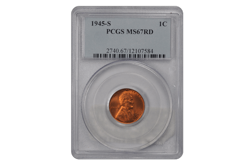 1945-S 1C Lincoln Cent - Type 1 Wheat Reverse PCGS RD #3449-11 MS67