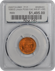 1936-D Lincoln PCGS CAC MS 67 + RD