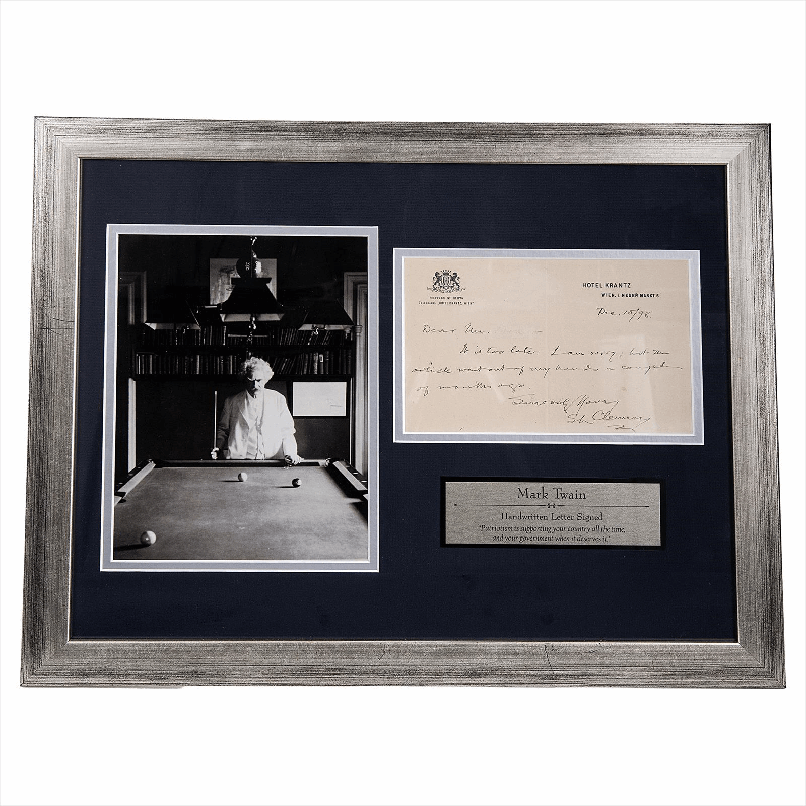 1898 Samuel Clemens (Mark Twain) Signed Letter in Frame JSA w/ LoA 