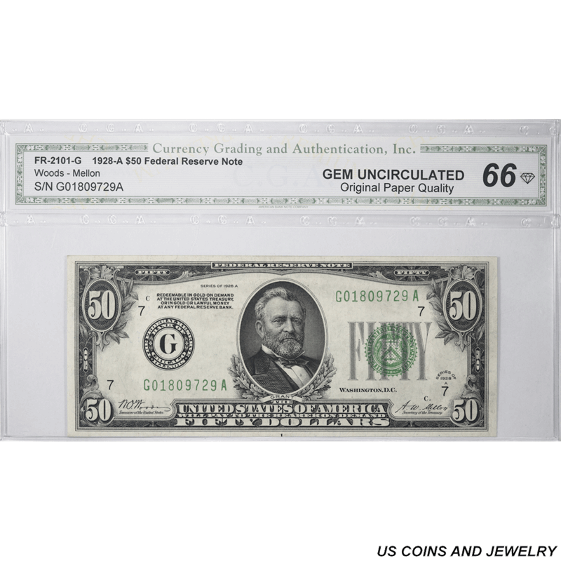 $50 1928-A FRN FR#2101-G SN G01809729A CGA DU 66