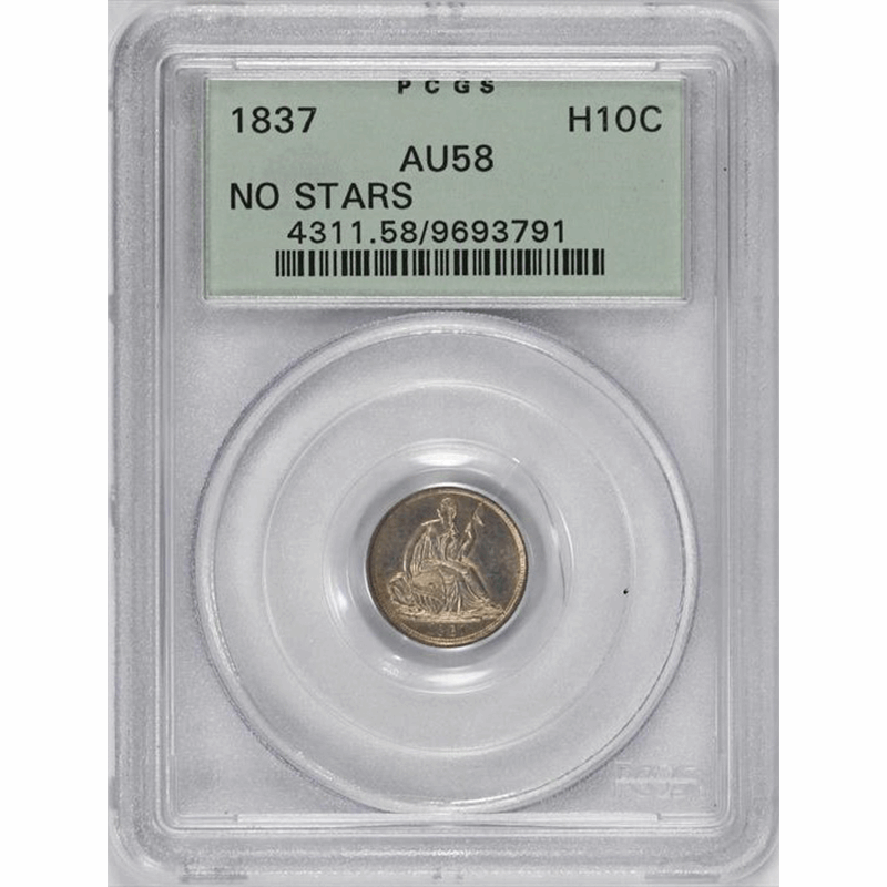 1837 H10c Seated Liberty Half Dime NO STARS PCGS AU58 - OGH - Old Green Holder