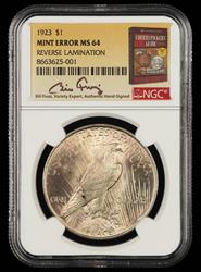 1923 $1 Mint Error Reverse Lamination Bill Fivaz Signature Label NGC MS 64