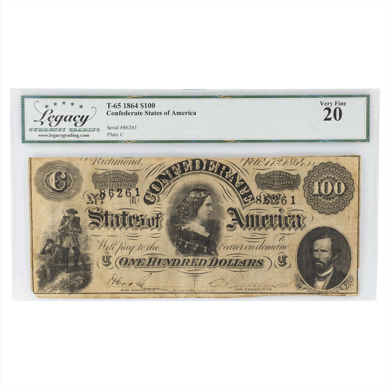 1864 T65 Confederate States of America Note $100 Legacy VF 20