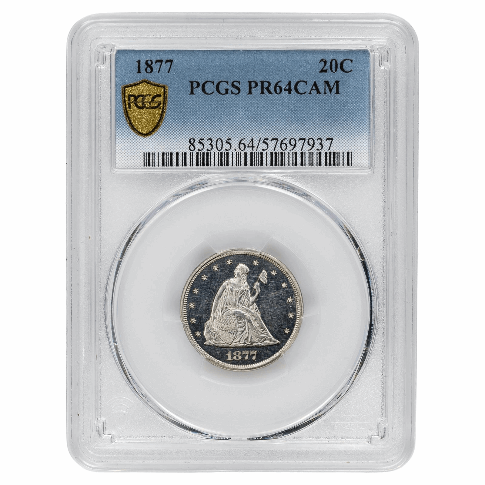 1877 Seated Liberty Twenty Cent 20c Piece, PCGS PR 64 CAM - White