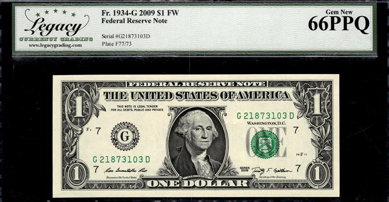 Fr. 1934-G 2009 $1 FW Federal Reserve Note Gem New 66PPQ 