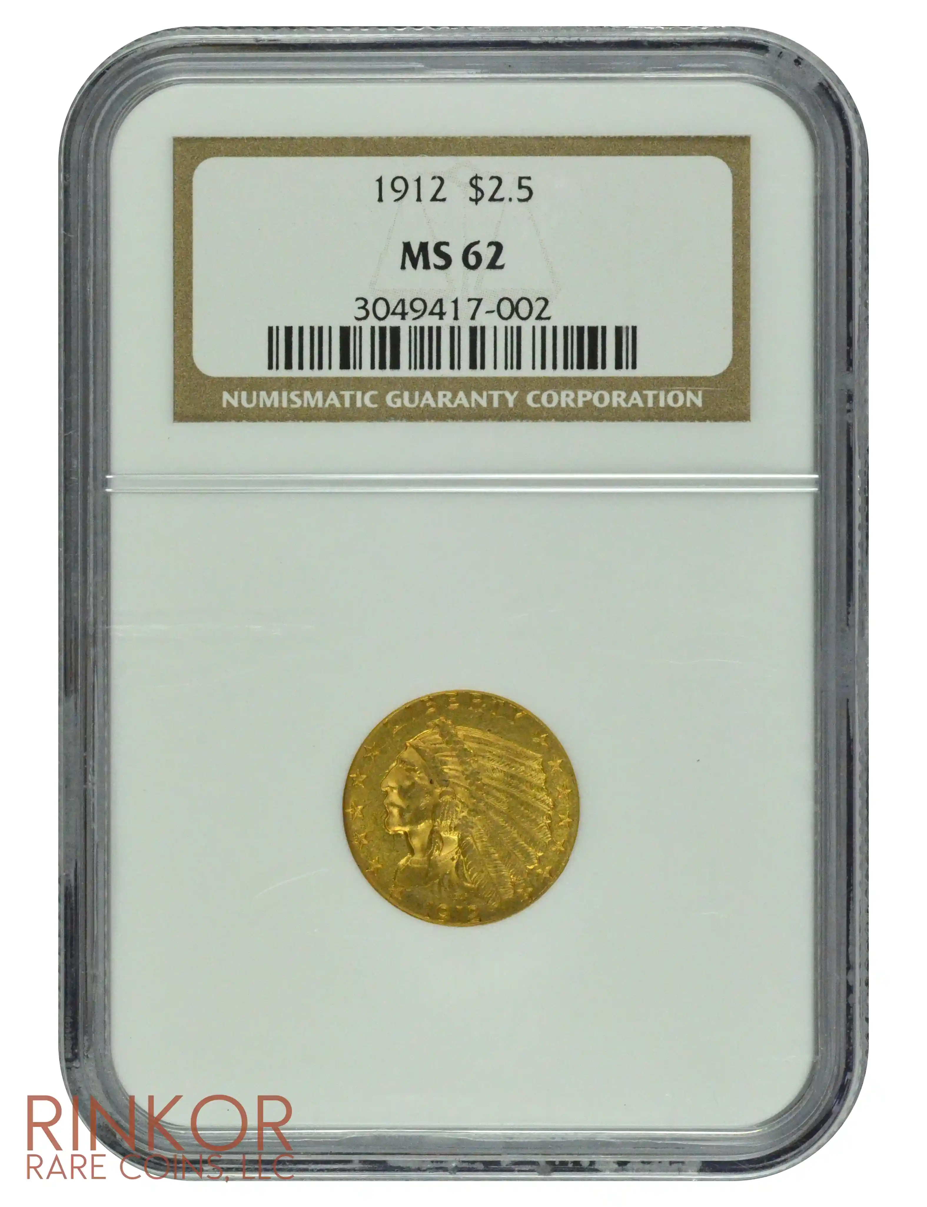 1912 $2.50 Indian Head NGC MS 62 