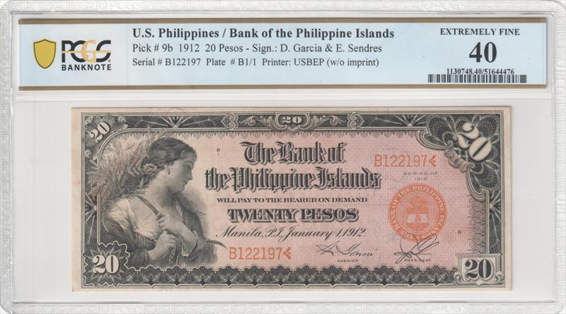 P 9b 1912 20 Pesos Bank of the Philippine USBEP (w/o imprint) PCGS EF40 