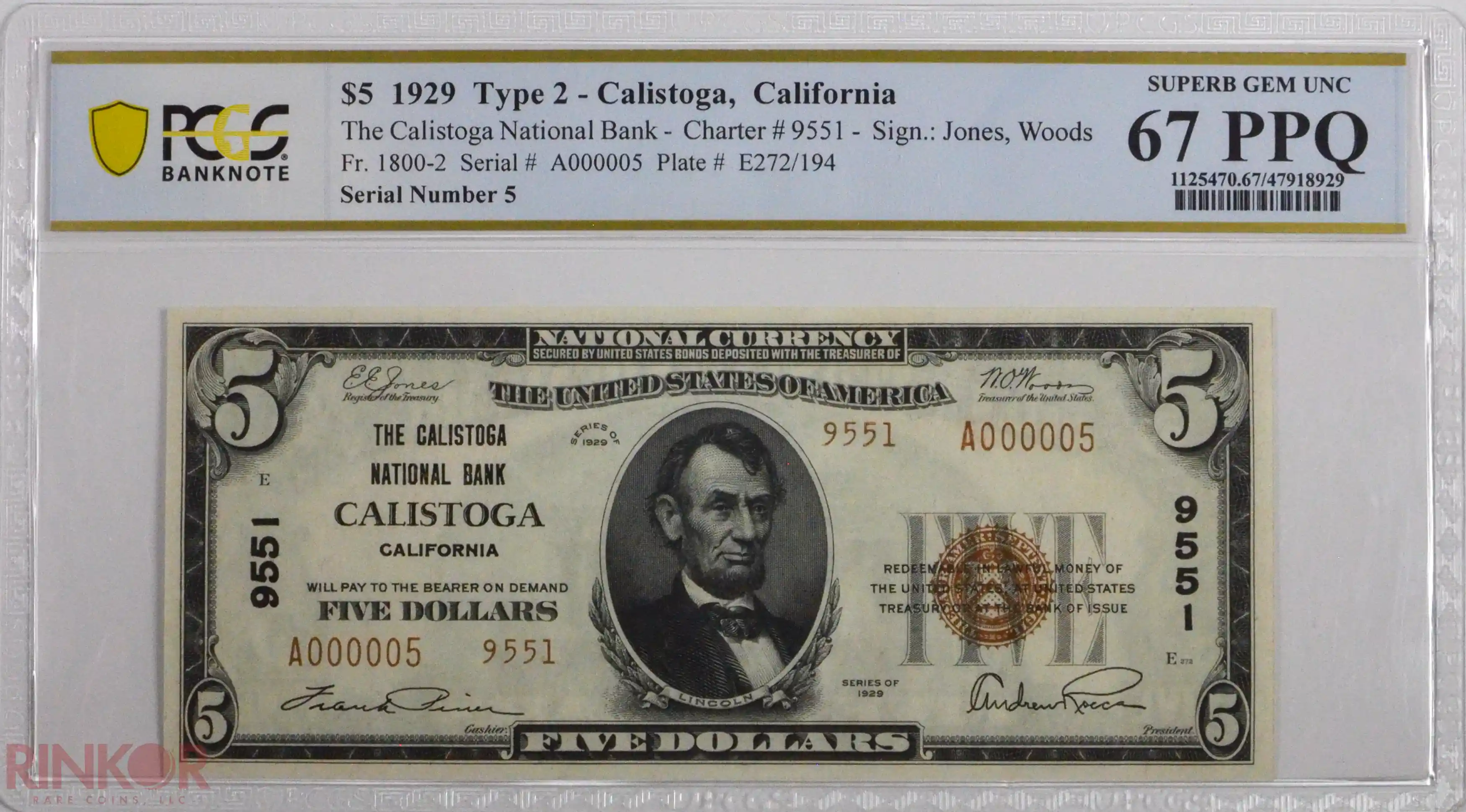 1929 Type 2 $5 Fr. 1800-2 Charter #9551 National Bank Note PCGS CU 67 PPQ
