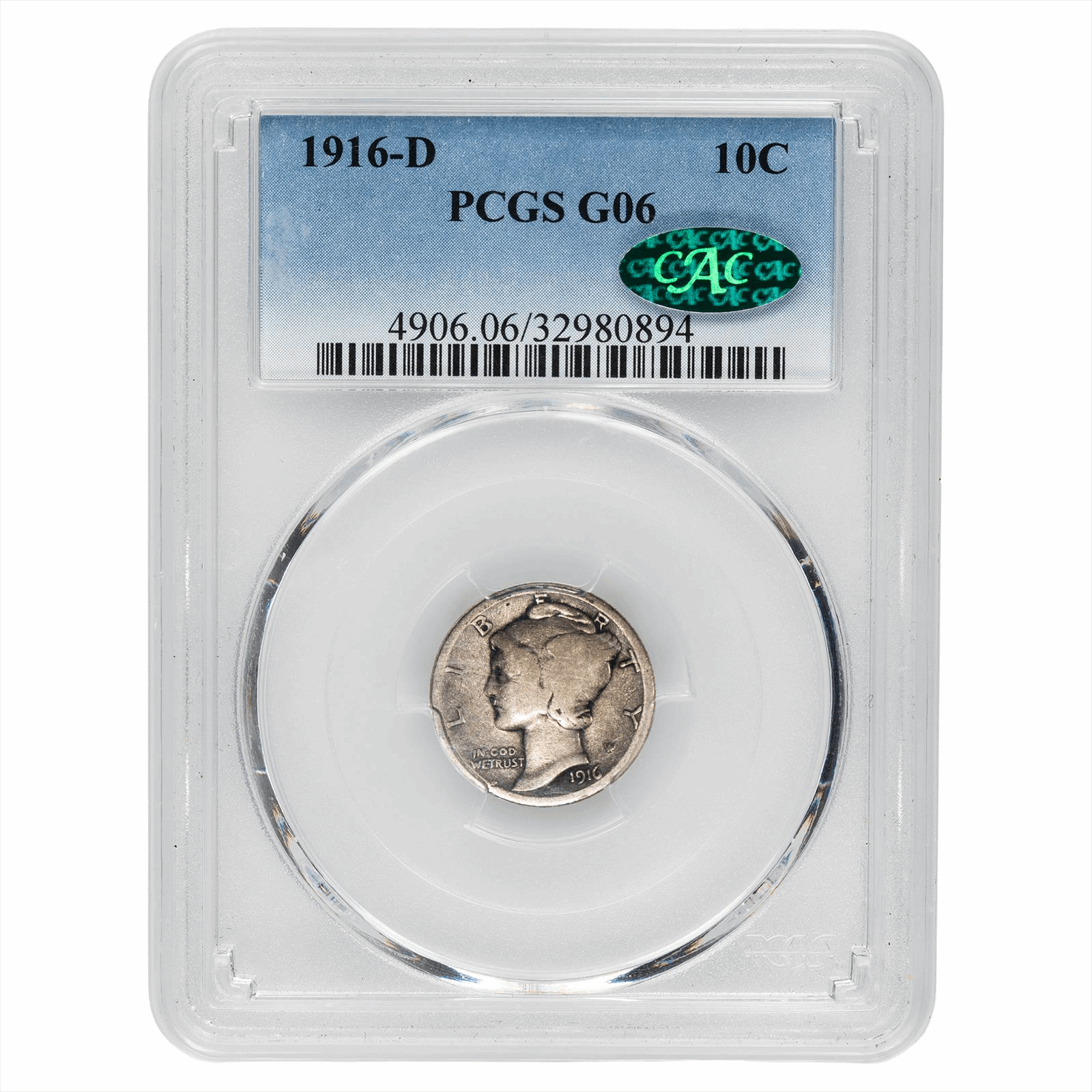 1916-D Mercury Dime 10C PCGS G 06 CAC