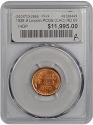 1928-S Lincoln PCGS (CAC) RD 65 