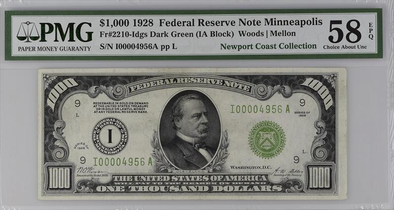 Fr. 2210-I 1928 $1000 Minneapolis Federal Reserve Note Dark Green PMG AU58 EPQ 