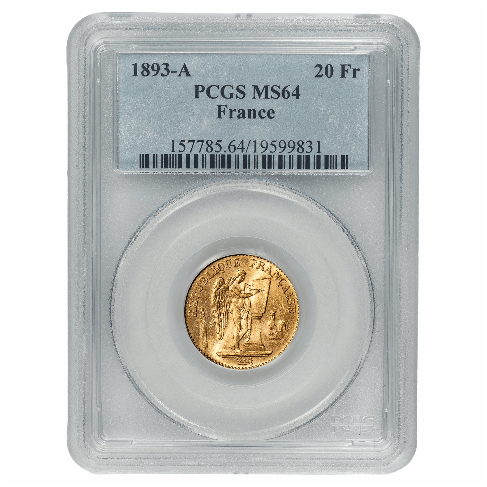 1893-A France Gold 20 Francs Genius 5.81g AGW PCGS MS 64