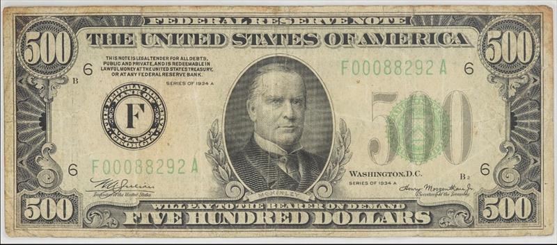 Buy US SMALL SIZE CURRENCY-Series of 1934-A $500 Federal Reserve Note ...