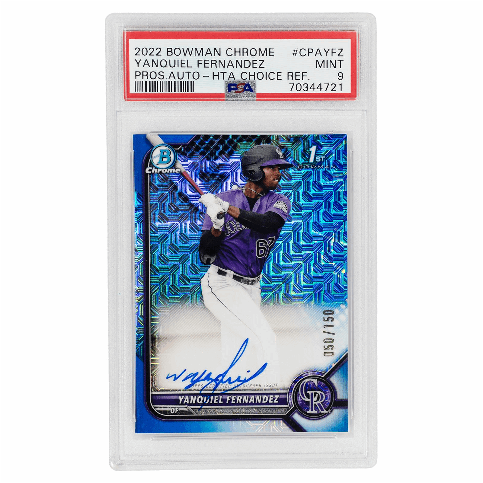 2022 Bowman Chrome Prospect Autographs Yanquiel Fernandez HTA Choice REF. #CPAYFZ PSA MINT 9 Cert #70344721