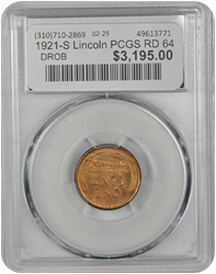 1921-S Lincoln PCGS RD 64