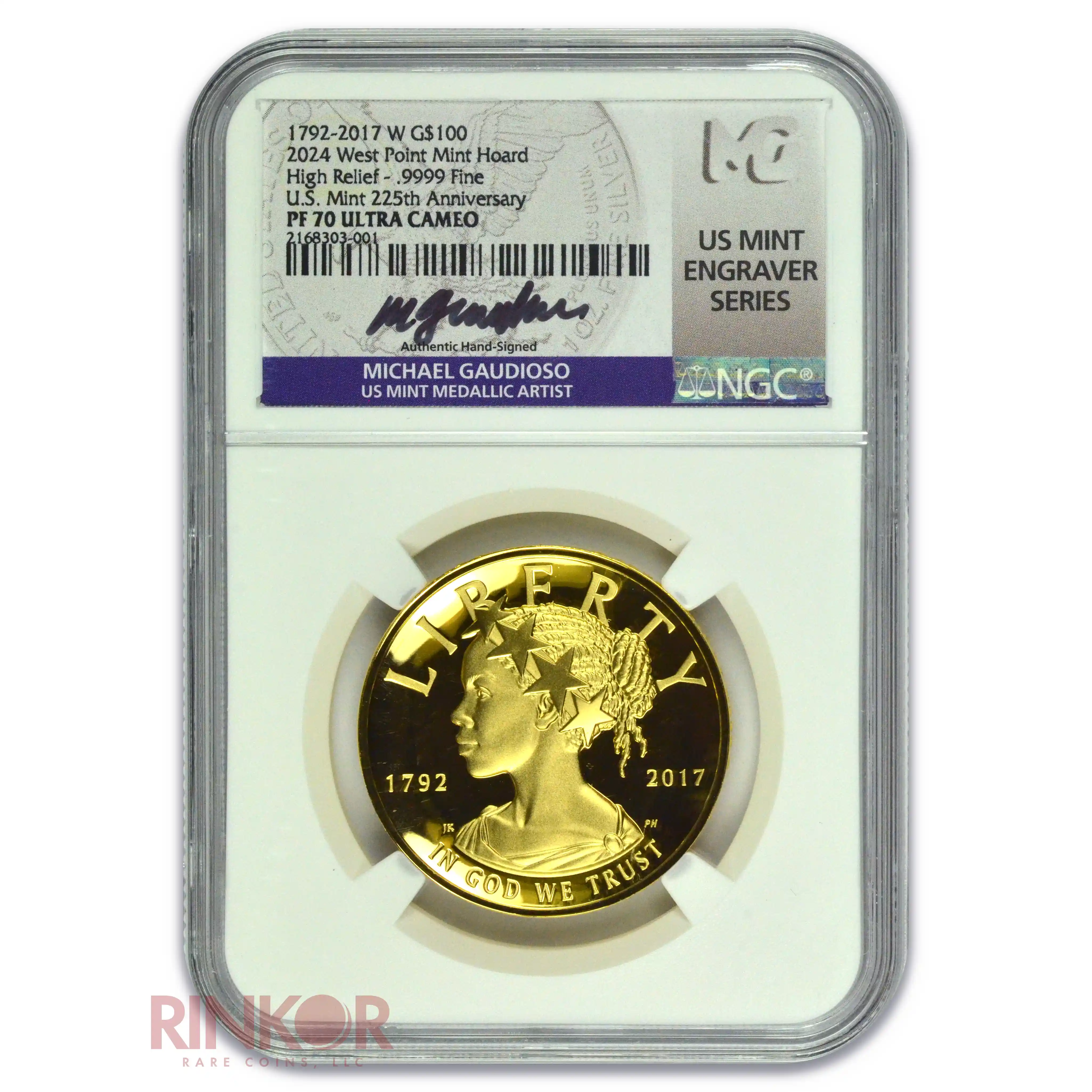 2017-W High Relief 1oz Gold American Liberty 225th Anniversary Gaudioso Sig. NGC PF 70