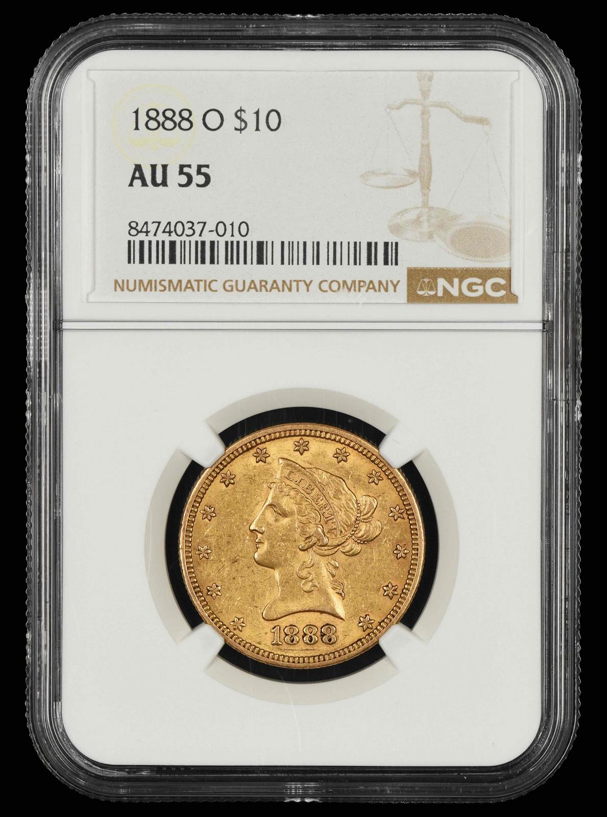 1888 O $10 Gold NGC AU55