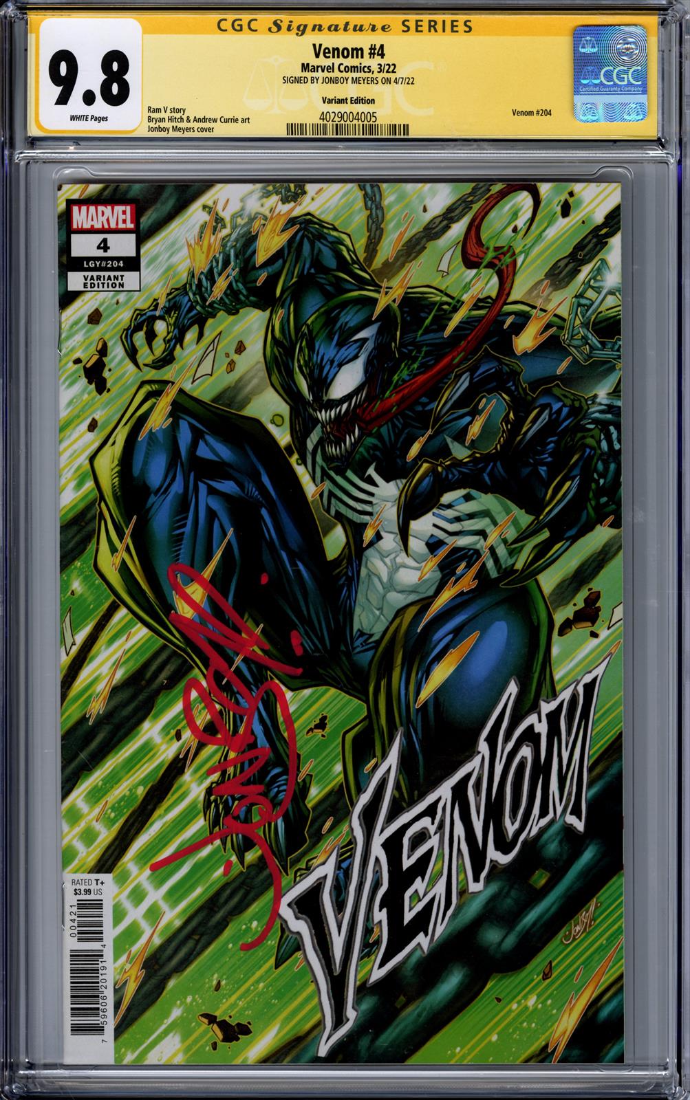 Venom #4 CGC Signature Series 9.8 (Marvel, 2022) Signed by Jonboy Meyers 