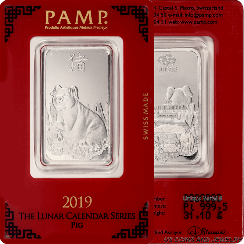 1oz 999.5 Platinum PAMP Lunar Year of Pig Bar W/ Assay Card