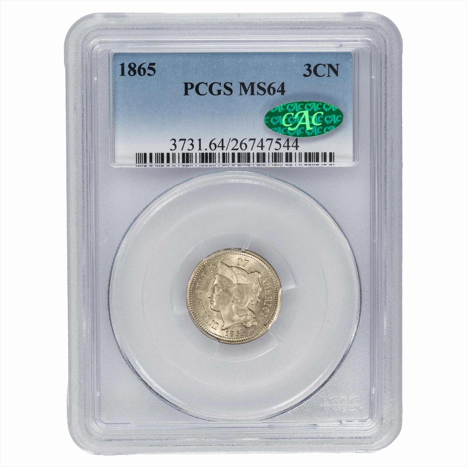 1865 Three Cent Nickel 3CN PCGS MS 64 CAC