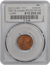 1927-S Lincoln PCGS RD 65