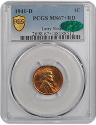 1941-D Lincoln PCGS (CAC) RD 67+ 