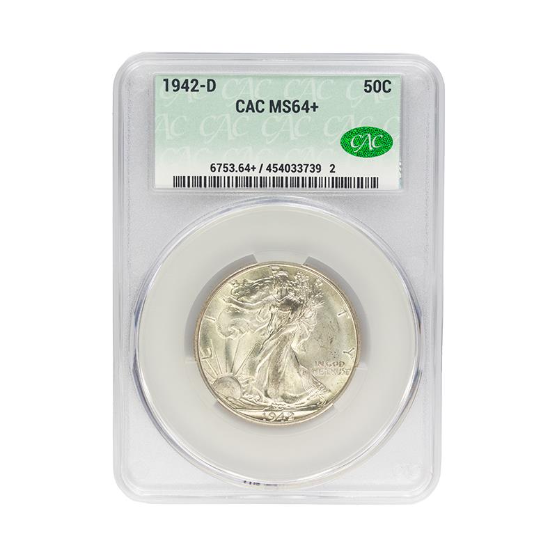 1942-D Walking Liberty Half Dollar 50C CACG MS 64+, CAC Certified Green