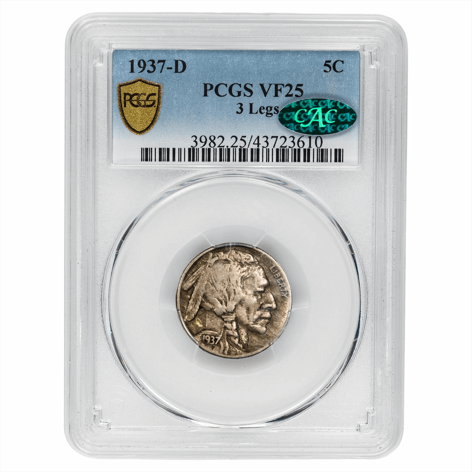 1937-D 3 Legs Buffalo Nickel 5C PCGS VF 25 CAC