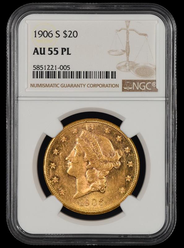 1906 S $20 Gold NGC AU-55 PL
