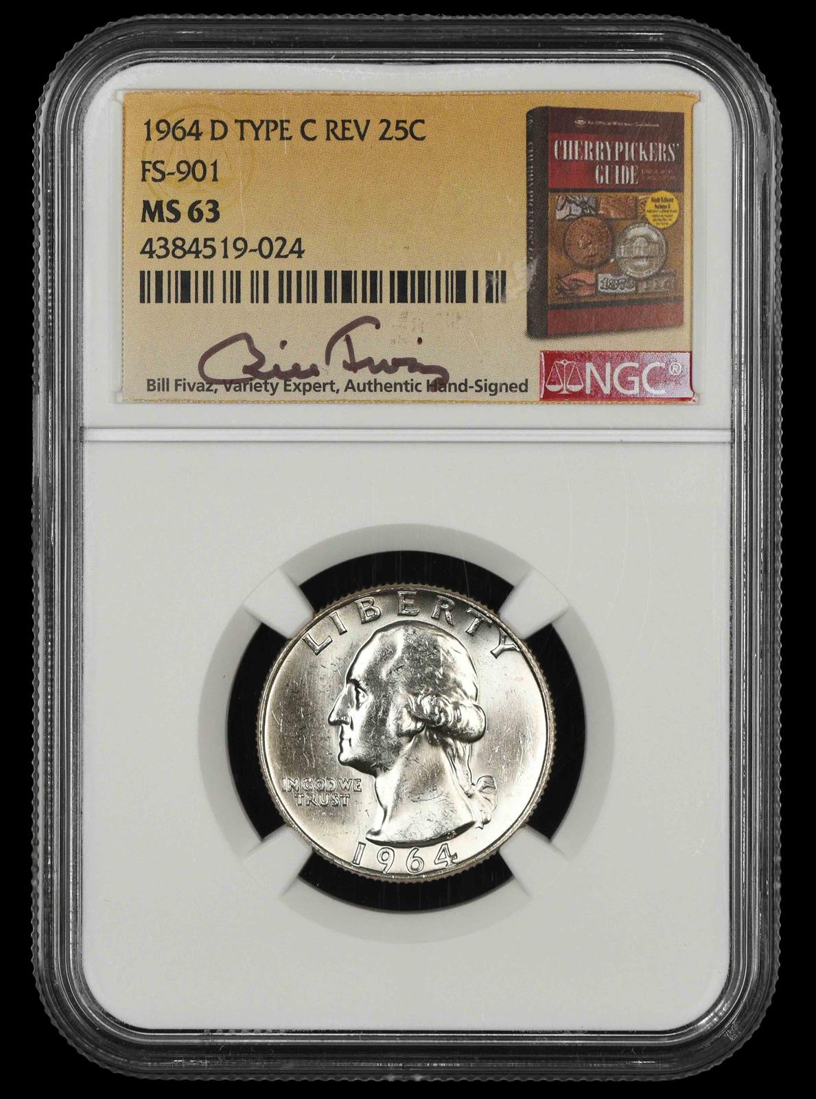 1964 D Washington Quarter NGC MS63 Type C Reverse FS-901 Bill Fivaz Signature Label MS63