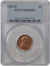 1922-D 1C Lincoln Cent - Type 1 Wheat Reverse PCGS RD #3450-2 MS63